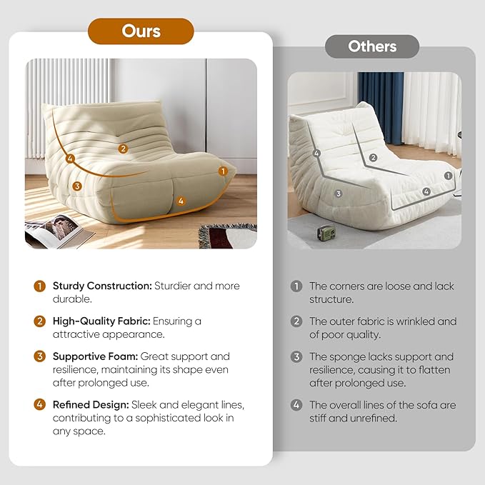 High-end Non-Compression Fireside Togo Chair Bean Bag Chair for Adults Comfy Soft Lazy Sofa Floor Lounge Chair for Bedroom Living Room Office or Lounge
