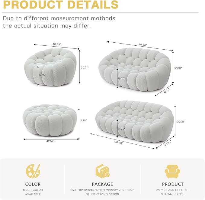 WJShome Bubble Couch98'' Modern Curved Sofa 3 Seater Morden Lazy Floor Sofa Memory Foam Bean Bag Floor Couch Lounge Chair for Living Room Office Apartment-Gray