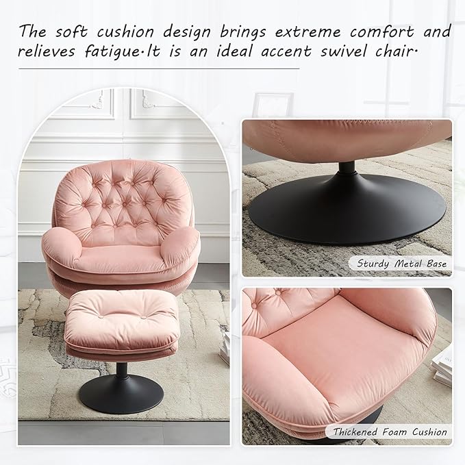 Swivel Accent Chair with Ottoman Set Velvet Modern Lounge Chair with Metal Base Frame &amp Footrest Comfy Lazy Single Leisure Armchair Reading Chair with 360 Swiveling For Living Room/Bedroom/Pink