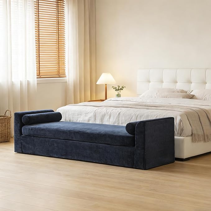 Chifee &amp Vingol 90.55 W Oversized Chaise Lounge Upholstered Bedroom Benches Extra-Long Indoor Bench Entryway Bench with Removable Pillows for Living Room HallwayNavy