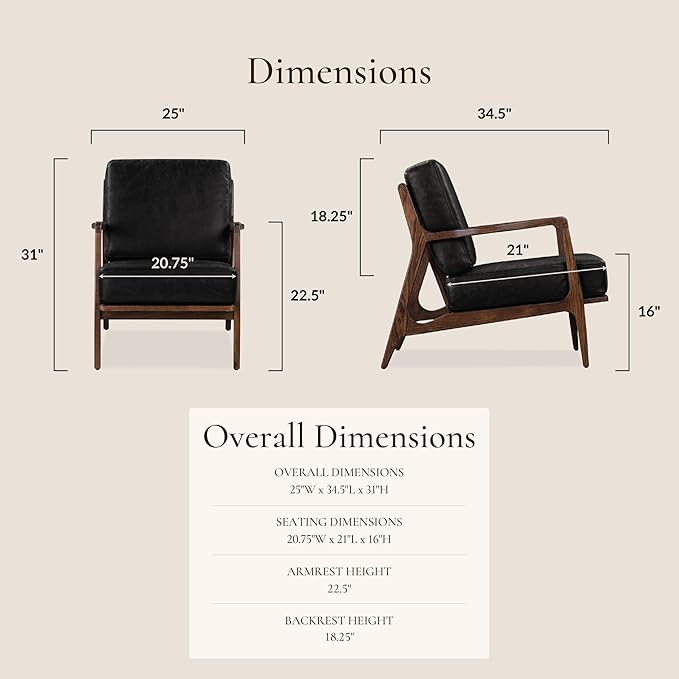 Poly &amp BARK Verity Leather Accent Chair – Armchair with Walnut Wood Frame – Fashion-Forward Lounge Seating for Living Room – Upholstered in Onyx Black Leather for Modern Style