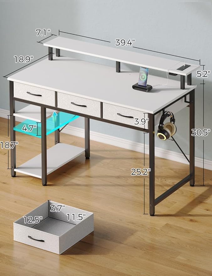 Rolanstar Computer Desk with Power Outlets &amp LED Light 39 inch Home Office Desk with 3 Drawers and Storage Shelves Writing Desk with Monitor Stand Work Desk for Home OfficeWhite