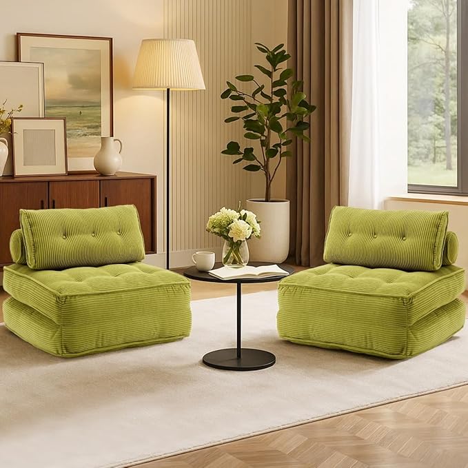 Folding Sofa Bed Convertible Sleeper Chair 33 with Pillow Futon Boneless Couch with Back Support Small Couch for Living Room(Green Double)