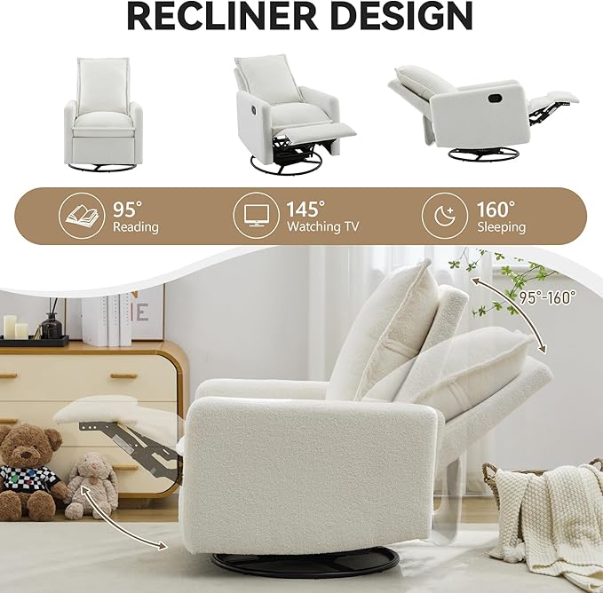 Lazy Boy Glider Recliner Nursery Chair with Comfy Cushion Swivel Rocking Recliner for Small Spaces Boucle (White)