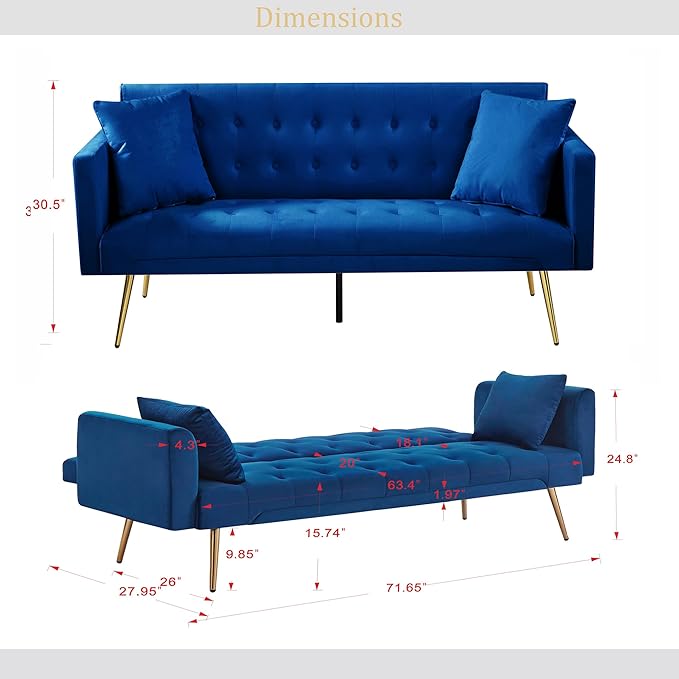 Anwick Modern Velvet Futon Sofa Bed: 72 Satin Convertible 2 Pillows Tufted Back Golden Metal Legs Folding Sleeper Loveseat for Small Space Home Office Living Room (Blue)