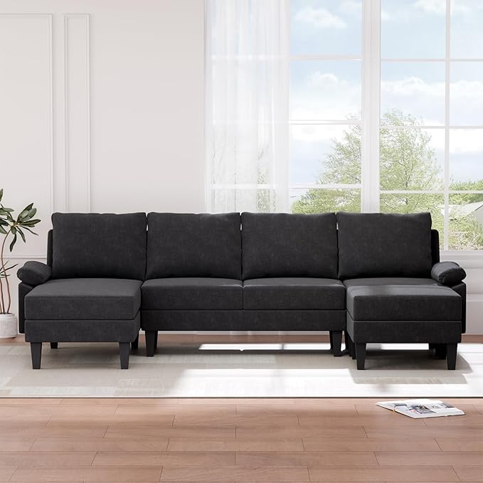 Sectional Couches for Living Room Furniture Sets 4 Seat L Shaped Couches with Ottoman Modular Sectional Sofa for Apartment Furniture Sets Linen Black