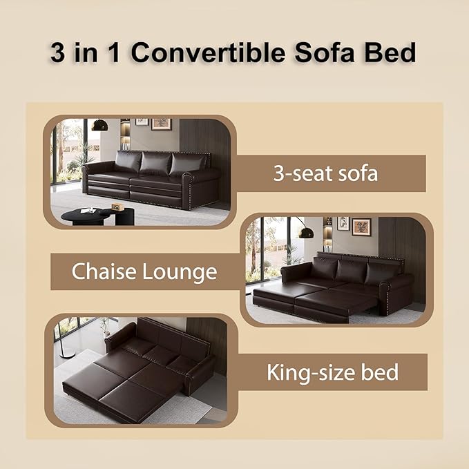healthomse 93.7 King Size Pull Out Sofa Bed 3-in-1 Faux Leather Convertible Sleeper Sofa with Ultra Rolled Armrests Tufted Modern Sofa with 3 Pillows for Bedroom Living Room Apartment