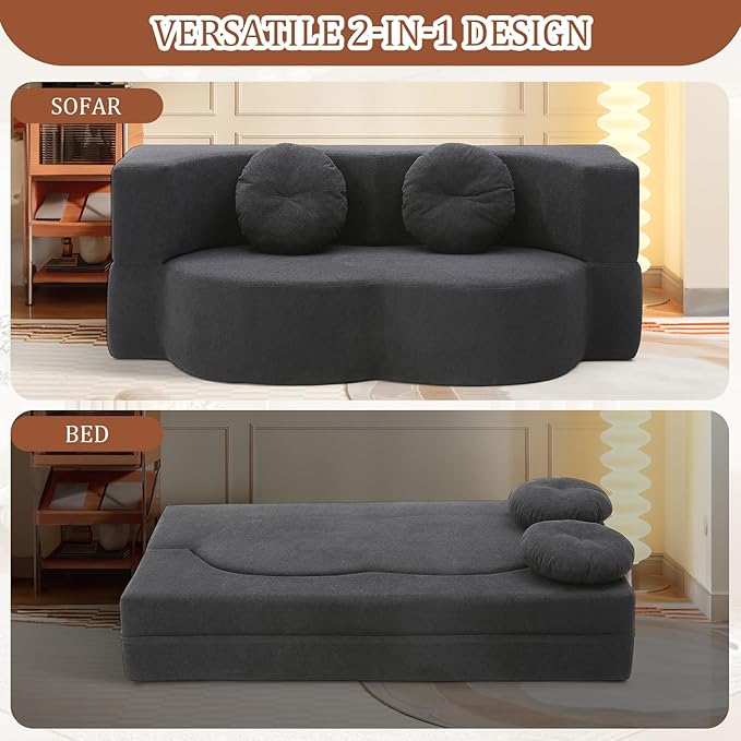 Convertible Folding Sofa Bed 75.5 Boneless Cloud Couch Loveseat Floor &amp Futon Lounge Sleeper Couches Lychee Velvet for Living Room Office Small Spaces No Assembly Required Black