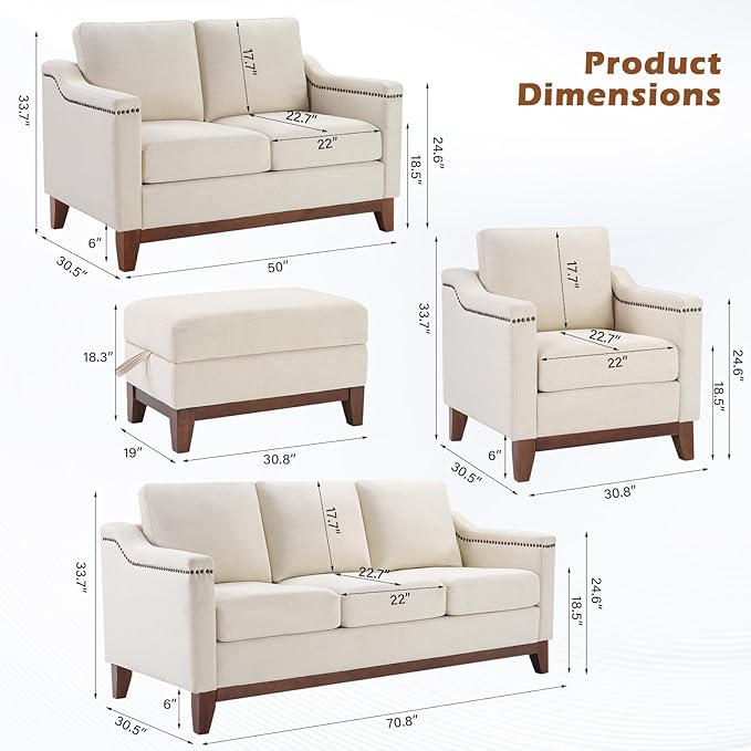 Classic 3-Seater Sofa Set of 2 with Nailhead Trim High-Density Foam Cushions &amp Sturdy Solid Wood Legs Soft Fabric Couch for Living Room Beige