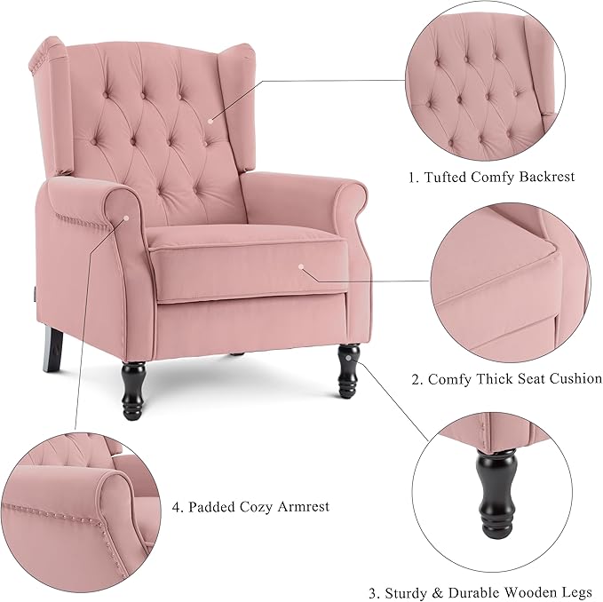 Artechworks Winged Fabric Modern Accent Chair Tufted Arm Club Chair Linen Single Sofa with Wooden Legs Comfy Upholstered for Reading Living Room Bedroom Office Pink
