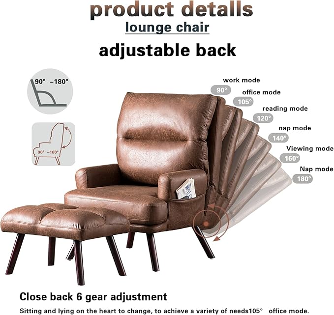 HOOOWOOO Living Room Chair Ottoman Set with Recliner Accent Chair and Ottoman with Side Bags Comfy Mid Century Modern Chair for Reading Watching NappingDark Brown Faux Suede Chair