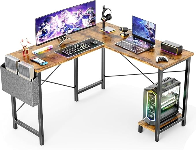 infiniPower L Shaped Desk Gaming Computer 50 Inch Reversible Corner Table PC Work Table for Writing Study Student with Wood Tabletop Metal Frame CPU Stand Side Bag for Home Office Small Place