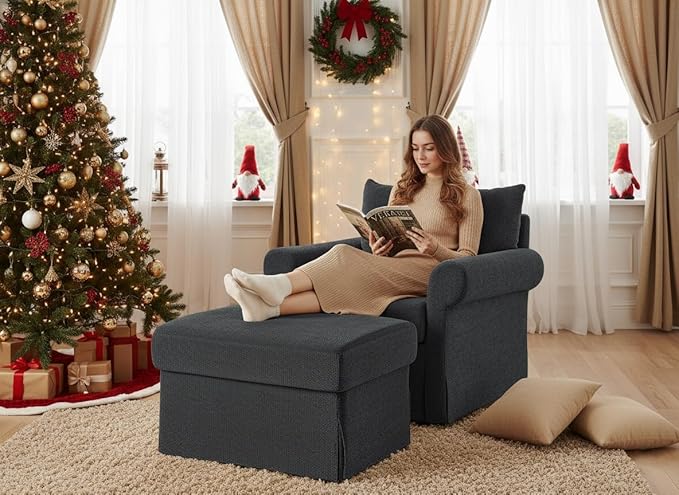 35.8 Accent Chair with Ottoman Set Comfy Chenille Armchair with Rolled Arms Modern Single Reading Chair for Living Room Bedroom Apartment Grey