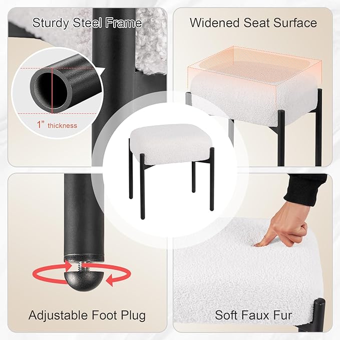 Vanity Stool Chair Faux Fur 16.3 L x 12.8 W x 17.3 H Soft Ottoman Makeup Chair Bench Furry Padded Seat with 4 Metal Legs Footstool Multifunctional Chairs for Bedroom Living Room