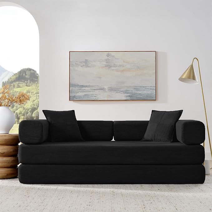 78 Convertible Sleeper Sofa Bed Corduroy Folding Sofa Bed with Fixed-Shape Frame Fold Out Floor Mattress Couch Lazy Compression Sofas for Living Room Bedroom No Assembly Required Black