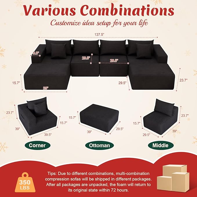 Modular Cloud Couch Sectional Deep Seat No-Bone Corduroy Sofa with Ottoman Oversized Comfy Modular Sofa for Living Room Bedroom Apartment No Assembly Flexible Layout (Black Loveseat+Ottoman)