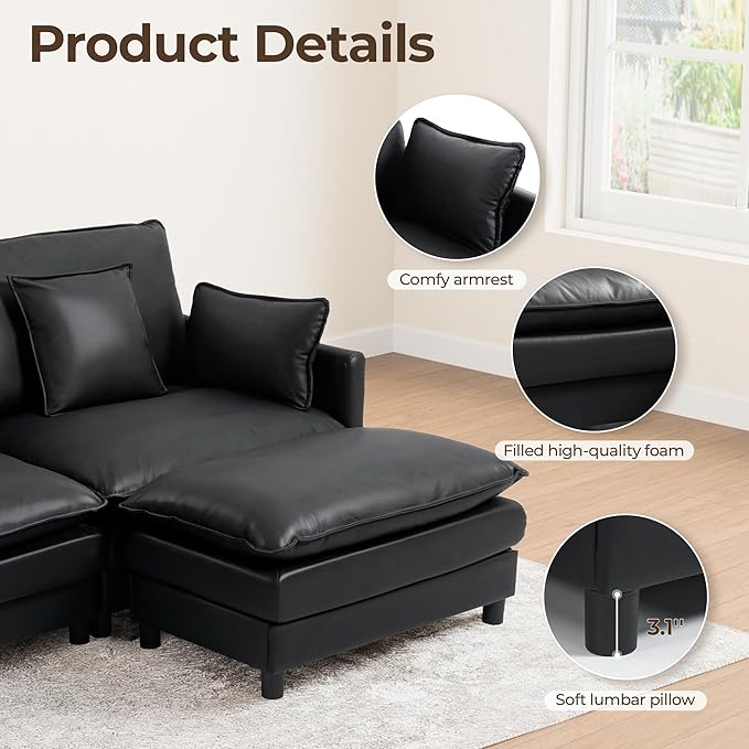 113'' L Shaped Cloud Couch 4-Seater Modular Sectional Sofa with Double Layer Upholstered Seat Cushion PU Deep Seat Couches with Ottoman &amp Pillows for Living Room Bedroom &amp Apartment Black