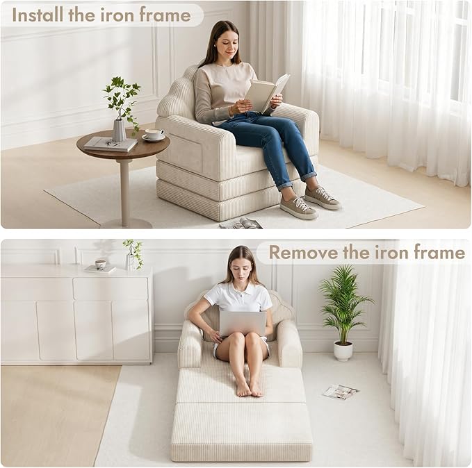 2-in-1 Folding Sofa Bed with Back Support 75 D x 34 W Convertible Futon Sleeper Chair for Adult Fold Out Bean Bag Floor Foam Lounger Couch for Living Room Bedroom Small Space Beige