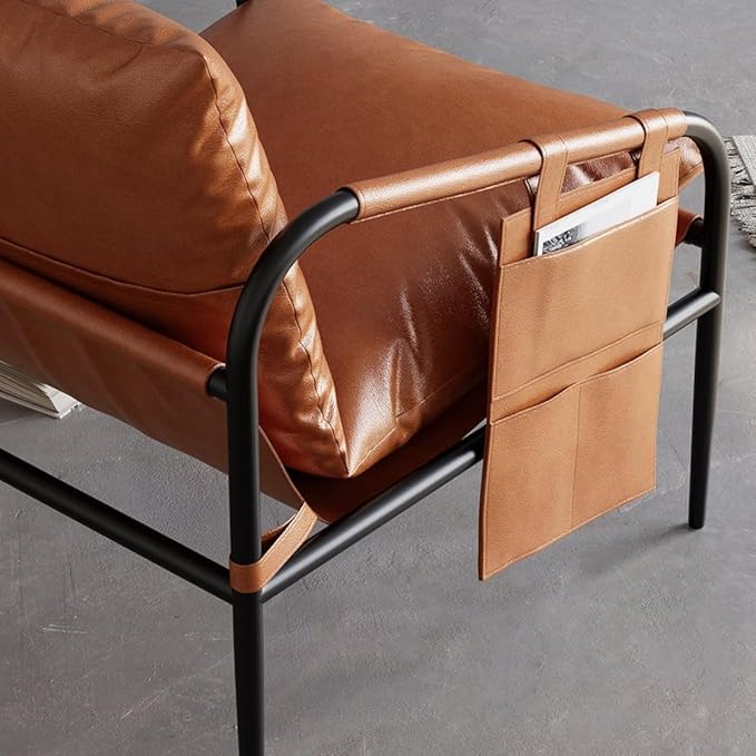 homary Brown Leather Accent Chair for Living Room Modern Armchair with Metal Frame Padded Arms Side Pockets &amp Soft Supportive Cushion Comfortable Reading Chair for Bedroom or Office
