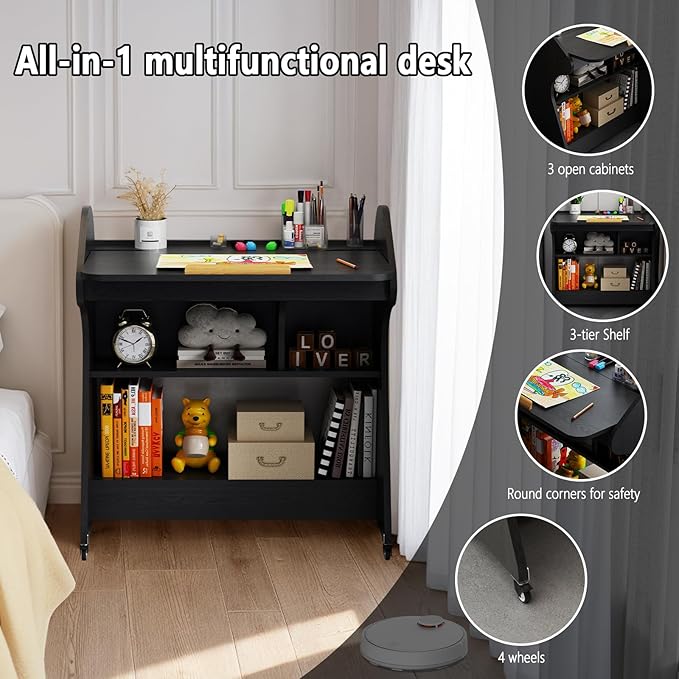 Pmnianhua Portable Mobile Desk on Wheels with Adjustable Angle TaletopHome Office DeskRolling Computer Desk with Wheels and Storage for Home Office Small Space(Black)