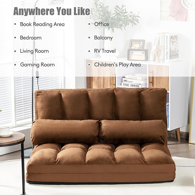 S AFSTAR Convertible Floor Sofa 6-Position Couch with 2 Removable Pillows &amp Thick Sponge Cushion Load 330LBS Adjustable Lazy Sofa Bed for Living Room (Coffee)