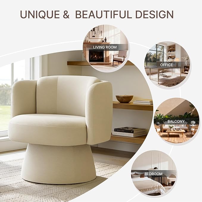 Swivel Barrel Chair360° Accent Chairs with Round BackrestUpholstered Lounge Chair for VanityLiving RoomBedroomReading NookSand