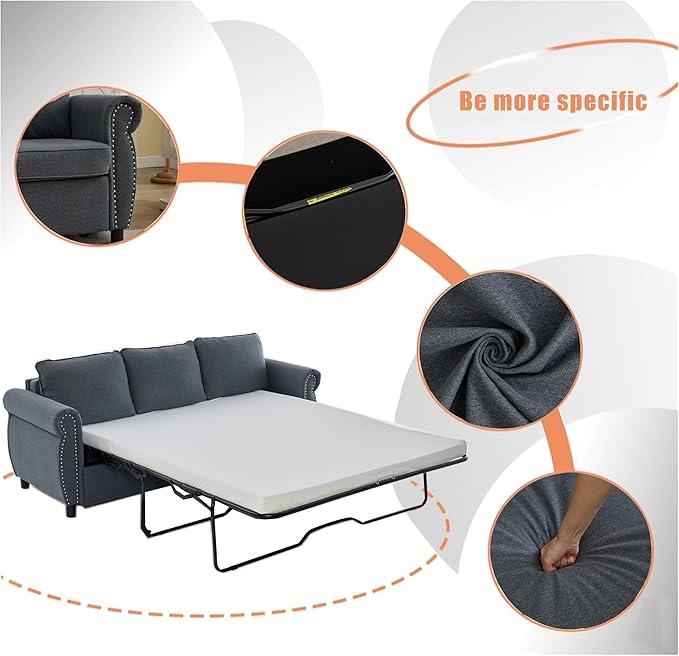 81.5 2-in-1 Queen Convertible Sleeper Sofa Bed Pull Out Couch Bed3 Seater Sofa Bedwith 3.35 Memory Foam MattressRivet HandrailLiving Room Apartment (Dark Gray)