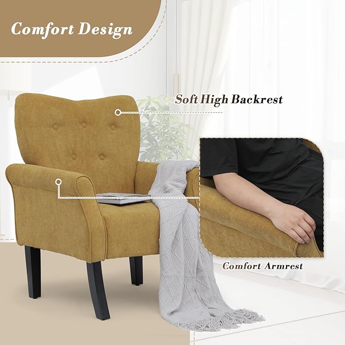 Athena Collection Mid Century Modern Chair for Living Room Upholstered Wingback Reading Chair for Adults Comfy Linen Fabric Armchair with Wooden Legs for Bedroom Dorm Balcony Yellow