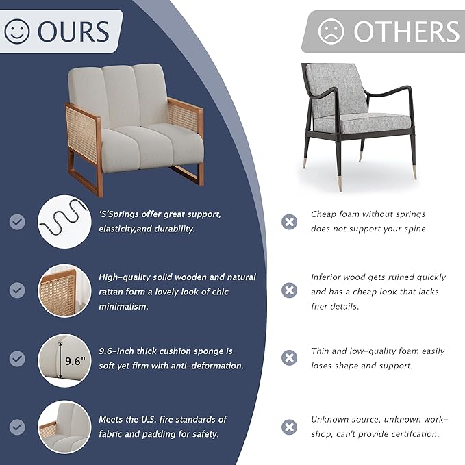 WENTMENT Mid Century Modern Accent Rattan Chair Set of 2 Natural Rattan Armchair with Solid Wood Frame Upholstered Living Room Chair Lounge Chair for Reception Room/Hosting Room/Bedroom (Grey)