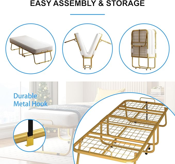PUREMIND Folding Bed with Mattress for Adults 75”L x 46”W Portable Foldable Beds with Metal Bed Frame Single Portable Roll Away Guest Beds for Bedroom Living Room Office