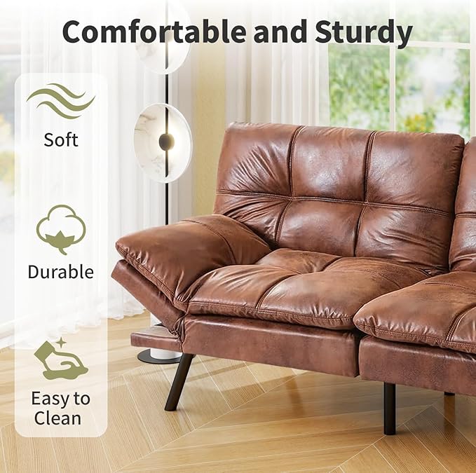 Vipbear 71 Futon Sofa Bed - Convertible Sofa Beds/Adjustable Backrest &amp Armrest Comfy Loveseat Sleeper for Small Spaces Apartments &amp OfficesFaux Leather Brown Futons