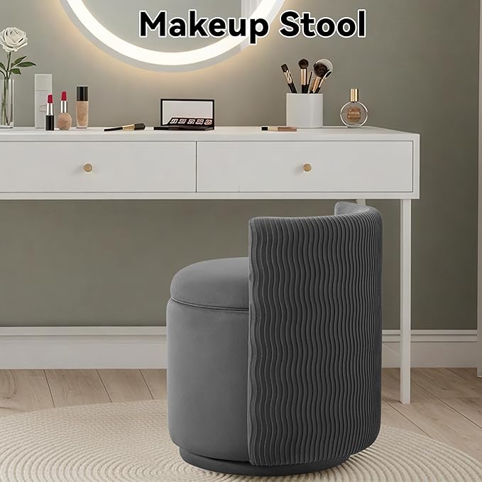 360° Velvet Vanity Chair with Storage Swivel Barrel Makeup Chair No Assembly Wave Back Vanity Stool Small Accent Chair for Living Room Grey