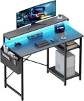 HLDIRECT Computer Desk with LED Lights 40Inch Gaming Desk with Monitor Stand &amp Side Storage Shelves Writing Study Table with Storage Bag for Home Office and Bedroom Gray