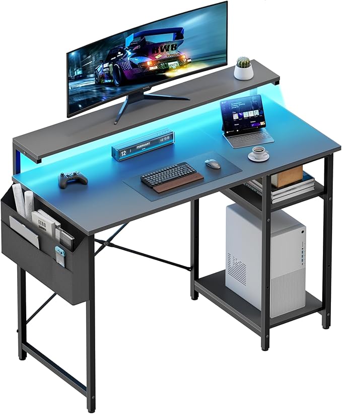 HLDIRECT Computer Desk with LED Lights 40Inch Gaming Desk with Monitor Stand &amp Side Storage Shelves Writing Study Table with Storage Bag for Home Office and Bedroom Gray