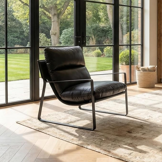 CIMOTA Modern Accent Chair Black PU Leather Upholstered Lounge Armchair with Black Metal Frame for Living Room Bedroom Office 1PC