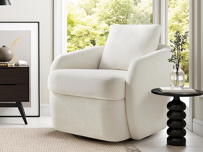Swivel Barrel Chair Cloud 360° Upholstered Armchair with Removable Throw Pillow for Living Room Bedroom Modern Comfy Single Sofa Chairs Fully Assembled White