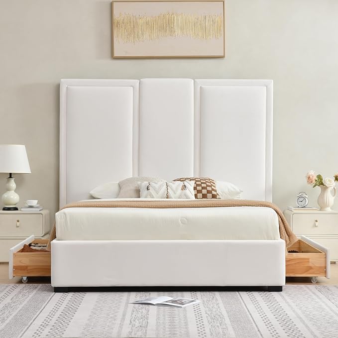 YUHUASHI Queen Size Bed Frame with 64-inch High Headboard Simple and Airy Linen Upholstered Platform Bed with Storage Drawers Wood Slat No Noise (White Queen (U.S. Standard))