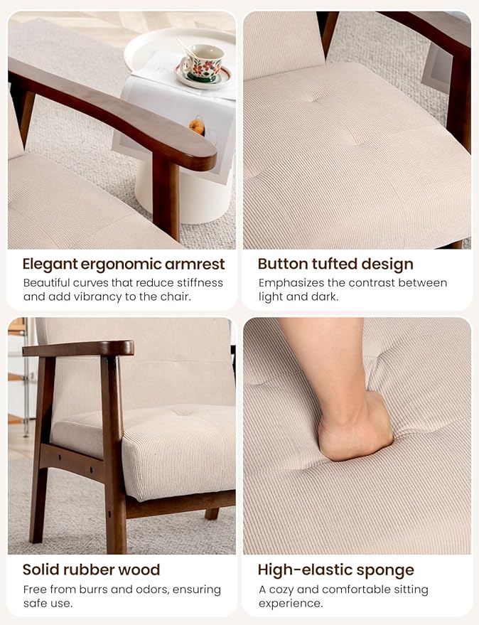 Mid Century Modern Accent Chairs for Living Room Comfy Bedroom Chairs for AdultsSmall Wide Reading Nook Arm Chair 105° Ergonomic Cozy Khaki Corduroy Armchair with Rubber Wood