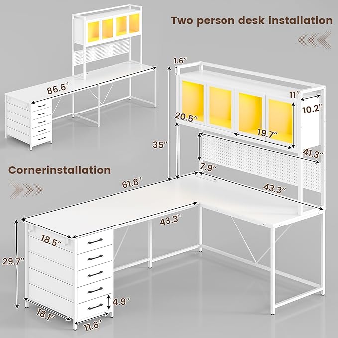 SEDETA L Shaped Gaming Desk with Drawers L Shaped Computer Desk with Hutch and Storage Shelves Gaming Desk with Pegboard Led Lights and Power Outlet Home Office Desk Corner Desk White