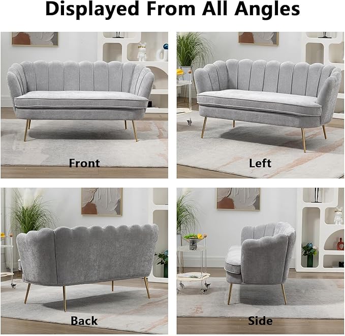 Anwick 59 Small Modern Chenille Loveseat Sofa 2-Seater Sofa with Gold Metal Legs Small Couch with Flower Shaped Back for Living Room Bedroom Office (Light Gray)