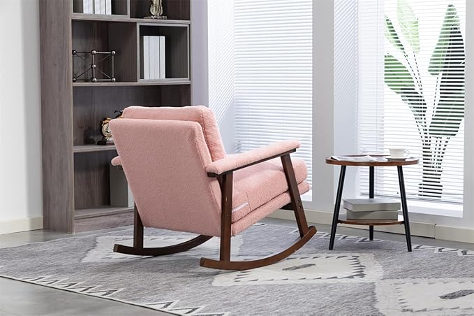 ZeHuoGe Mid Century Modern Accent Chair Rocking Chair with Wood Frame Upholstered Living Room Chairs Reading Armchair for Bedroom Sunroom (Light Pink)