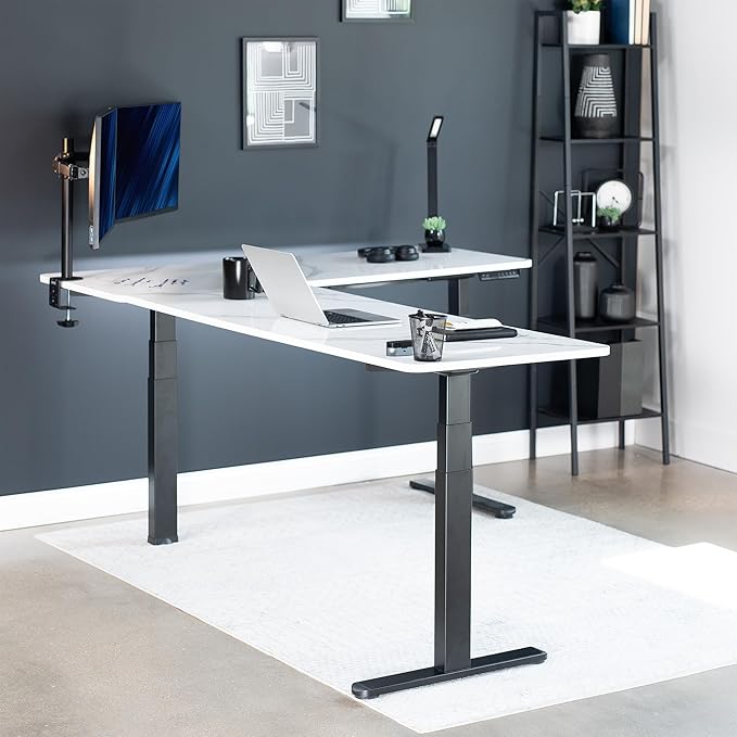 VIVO Electric Height Adjustable 83 x 60 inch Corner Stand Up Desk 2 White Marble Dry Erase Solid Table Tops Black Frame Memory Controller L-Shaped Workstation 3E Series DESK-KIT-3E8BWM