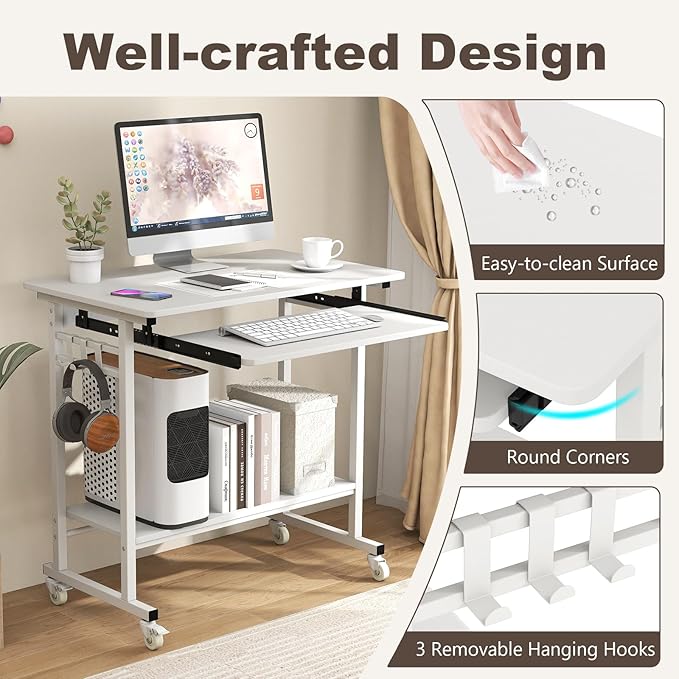 Tangkula Rolling Computer Desk Cart with Keyboard Tray Mobile Portable Laptop PC Desk with CPU Stand &amp 3 Hooks for Sofa &amp Bed Compact Small Desk on Wheels for Small Spaces (White)