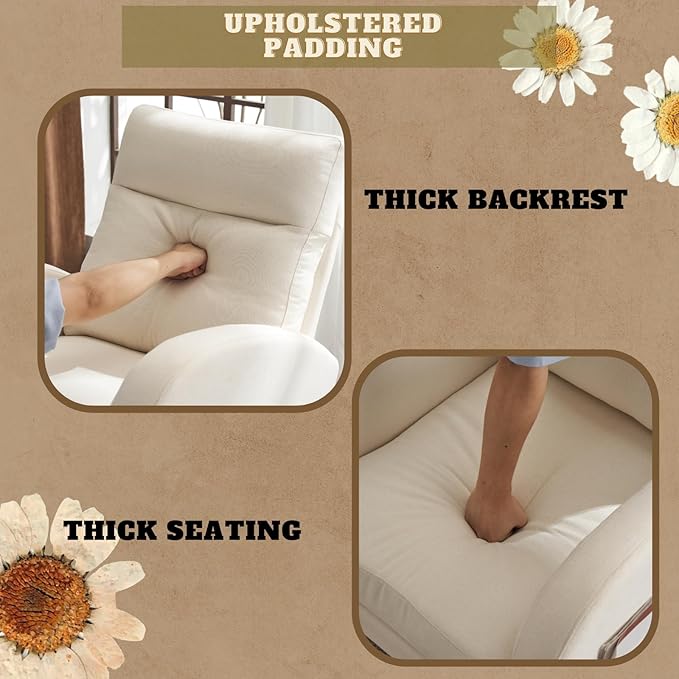 VINGLI Beige Linen Nursery Rocking Chair with Thick HeadrestMid-Century Modern Nursing RockerUpholstered Glider with Curved Armrest Sturdy Solid Wood Base for Living Room Bedroom Baby Room