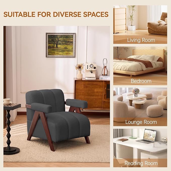 Accent Chair Mid-Century Modern with Wide Backrest for Bedroom Upholstered Living Room Chair with Wooden Lounge Armchair with Thick Cushion Cute Teddy Comfy Chair Dark Grey
