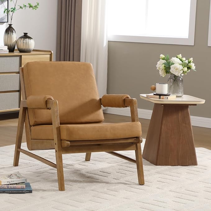 CIMOTA Mid Century Modern Accent Chair Set of 2 Leather Upholstered Living Room Chairs with Arms Comfy Reading Chair with Solid Wood Frame High Back for Bedroom Waiting Room Office Brown