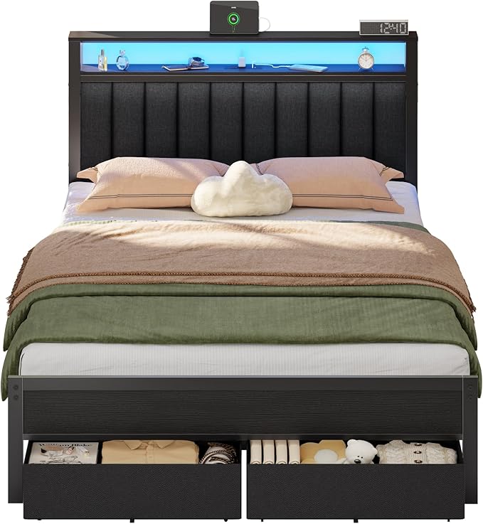 Furnulem Queen Bed Frame with Charging Station and LED Lights Grey Upholstered Headboard with Shelves Metal Platform Bed with 2 Under-Bed Storage (Fabric Drawer on Wheels) No Box Spring Needed