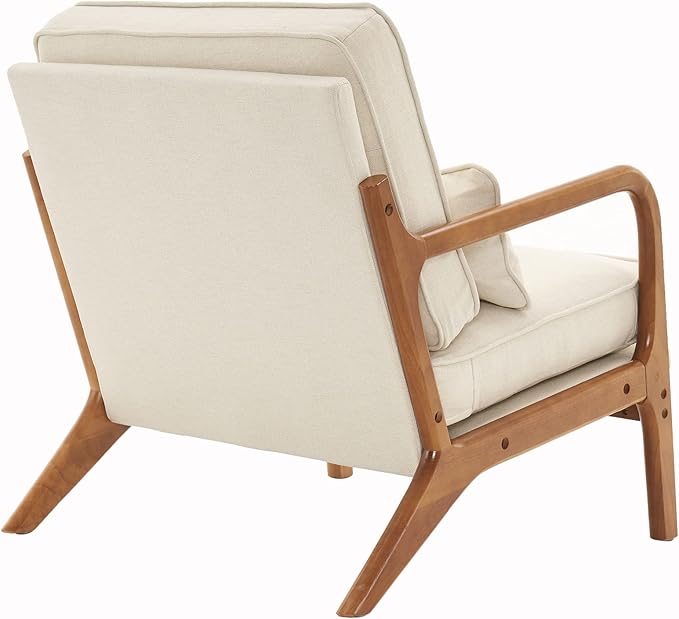 Mid Century Modern Accent Chair with Wood Frame Upholstered Living Room Chairs with Waist Cushion Reading Armchair for Bedroom Sunroom (Off-White)