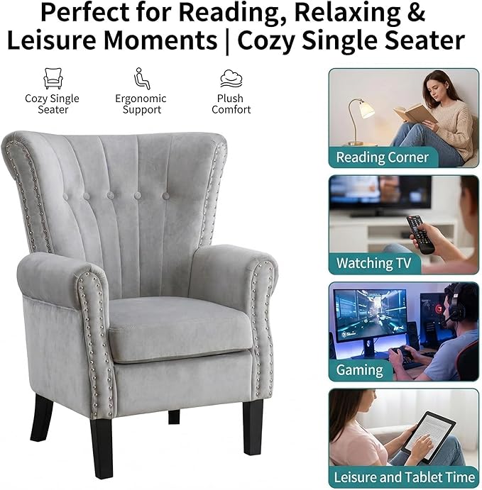 Modern Accent Chair for Living Room Comfy Upholstered Armchair for Bedroom &amp Small Spaces Mid Century Lounge Reading Chair for Office(Grey)