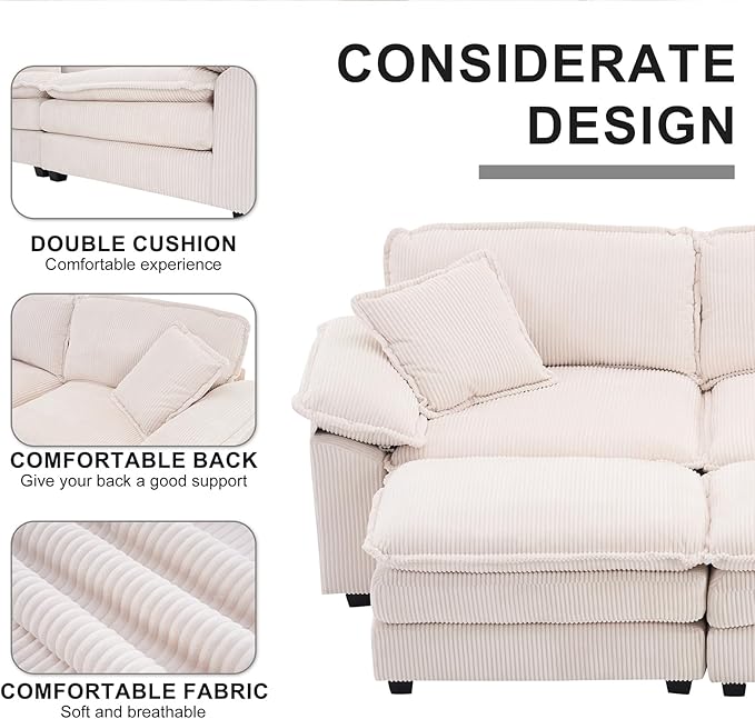 Corduroy Modular Cloud Sofa with Ottoman Comfy 2-Seater Sectional Loveseat Sleeper for Living Room Upholstered Deep Seat Modern Couch &amp 2 Throw Pillows and Detachable Armrest (Off White)